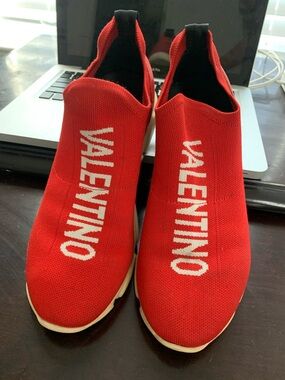 Valentino Red Knit Logo Slip-On Sneakers with White Logo